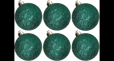 6x stuks kunststof glitter kerstballen donkergroen 6 cm - Onbreekbare kerstballen - Kerstversiering