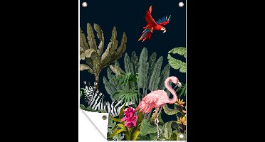 Tuinposter - Tuindoek - Tuinposters buiten - Jungle - Planten - Dieren - Kinderen - Flamingo - Zebra - 90x120 cm - Tuin