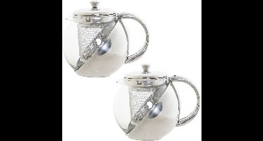 Set van 2x stuks theepotten van glas en RVS 600 ml met filter/infuser en handvat