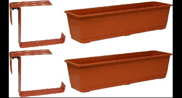 Set van 5 kunststof plantenbakken terracotta rechthoekig 60 cm met 10 verstelbare railing beugels