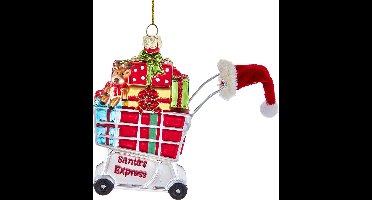 Kurt S. Adler Kerstornament - Winkelkarretje Vol Kerstcadeautjes - glas - rood wit - 14cm