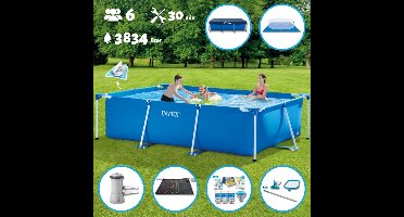 Intex Zwembad - Opzetzwembad - Rechthoekig - 300 x 200 x 75 cm - Blauw - Inclusief Pomp - Verwarmingsmat - Chloorpakket - Onderzeil - Afdekzeil - Schoonmaaktset