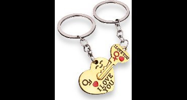 Sleutelhanger Set “I Love You” – Hart & Sleutel in Goudkleur | Romantisch Cadeau voor Koppels