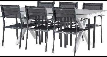 Garcia tuinmeubelset tafel 100x200cm grijs, 6 stoelen Copacabana zwart.