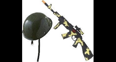 Smiffys Soldaat Carnaval verkleed accessoires set - Soldatenhelm - Kalashnikov machinegeweer 59 cm - wapens