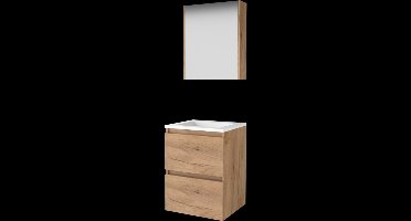 Basic Comfort 46 badmeubelset met spiegelkast, greeploze wastafelonderkast met 2 lades en acryl wastafel zonder kraangaten 50 x 46 cm, whisky oak