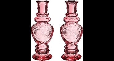 Ideas 4 Seasons Bloemenvaas Venice - 2x - voor kleine stelen/boeketten - gekleurd sierglas - ribbel roze - D5.7 x H15 cm