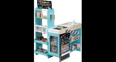 Klein Toys supermarkt - verstelbare poortje, lopende band, betaalautomaat met kassa en kaartlezer - hout - 70x55x100 cm - incl. 50 dozen voor accessoires en 5 papieren zakjes - blauw
