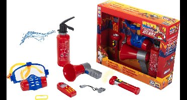 Klein Toys 7-delige brandweer set - brandblusser, zaklamp, megafoon, gasmasker, mobiele speelgoedtelefoon, fluitje en naamplaatje - incl. licht- en geluidseffecten - rood blauw