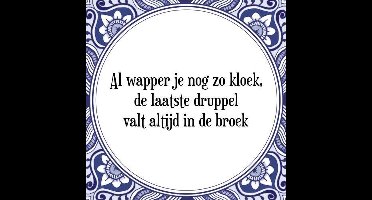 Tegeltje met Spreuk (Tegeltjeswijsheid): Al wapper je nog zo kloek, de laatste druppel valt altijd in de broek + Kado verpakking & Plakhanger