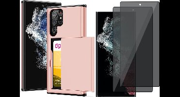 Hoesje met Pasjeshouder geschikt voor Samsung Galaxy S22 Ultra - 2x Privacy Screen Protector FullGuard - Back Cover SlideCase Roségoud & Screenprotector