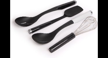 4-delige onyxzwarte keukenhulpen-set met lepel, schuimspaan, garde en gietlepel