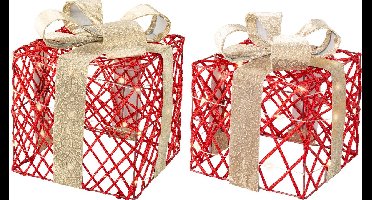 Cadeauset Rood met Lint en Strikken - Met Verlichting - Set van 2