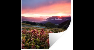 Muurstickers - Sticker Folie - Bloemen - Bergen - Landschap - Nacht - Lucht - Roze - 30x30 cm - Plakfolie - Muurstickers Kinderkamer - Zelfklevend Behang - Zelfklevend behangpapier - Stickerfolie