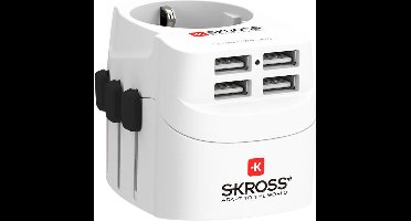 Skross - World Travel Adapter with Ground Plugs (no Swiss & Italy) + 4 USB SLOT 2400 mA White + World Top Input