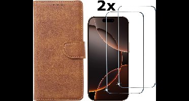Hoesje Geschikt voor iPhone 16 Pro Max hoesje bookcase met 2 stuks screenprotectors – Bruin