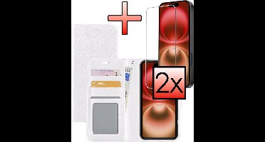 Hoesje - Met 2x Screenprotector - Geschikt voor Apple iPhone 16 - Luxe Pasjeshouder - Bookcase Portemonee - Flip Case - Kunstleer Book Case - Flipcase Hoes - Book Cover - Walletcase - Portemonneehoes - Wit