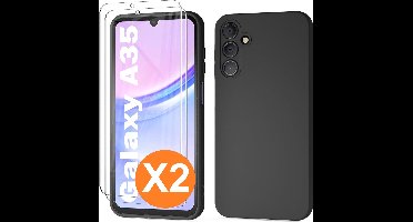 Hoesje geschikt voor Samsung Galaxy A35 siliconen hoesje Zwart zacht TPU backcover - Met gehard glas screenprotector - 2 stuks