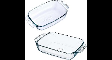 2x Glazen ovenschaal 1,2 liter 21 x 21 x 6,5 cm en 1,4 liter 26 x 17 x 5,5 cm - Ovenschotel schalen – Bakvorm