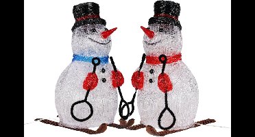 Christmas Decoration Kerstverlichting figuren - sneeuwpoppen - 2x st - op skies - 31 cm