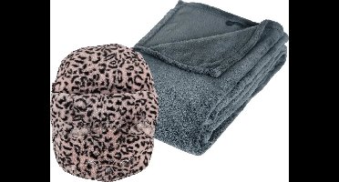 Apollo - Fleece deken blauwgrijs 125 x 150 cm met voetenwarmer slof cheetah one size