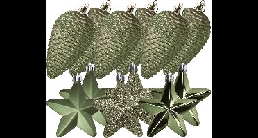 Decoris Kersthangers - 12 ST - dennenappels en sterren kerstornamenten - kunststof - mosgroen