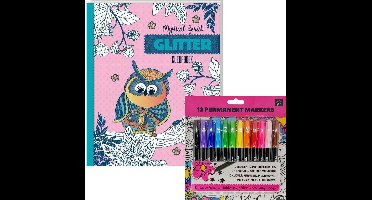 Glitter kleurboek Voor Volwassenen - Mystical Forest - Inclusief 12 Kleurstiften In Heldere Kleuren