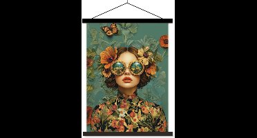 Posterhanger incl. Poster 90x120 cm - Schoolplaat - Vrouw - Bloemen - Vlinders - Natuur - Vintage - Textielposter - Zwarte latten