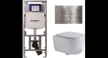 QeramiQ Dely Swirl Toiletset - 36.3x51.7cm - Geberit UP320 inbouwreservoir - met Burda frame - slim zitting - steel bedieningsplaat - rechthoekige knoppen - wit glans