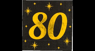 Paperdreams Verjaardag feest servetten - leeftijd 80 jaar - 16x stuks - zwart/goud - sterren - 33 x 33 cm