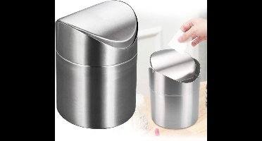 Desktop Afvalemmer Roestvrij Staal, Tafelvuilnisemmer - Mini-afvalbak, Tafelafvalbak met Deksel - Zilver