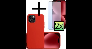 Hoesje - Met 2x Screenprotector - Geschikt voor Apple iPhone 15 Pro - Sterk & Shockproof - Back Cover - Siliconen Case - Telefoon Hoes - Rood