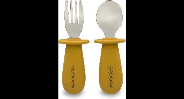Youly® Kinderbestek Lepel en Vork - Baby Bestek - Siliconen Baby Servies - RVS - Oker Geel