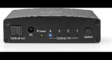 Nedis Digitale Audio-Switch - 4-wegs - Ingangen audio / video / data: DC Power / 4x TosLink - Uitgangen audio / video / data: TosLink Female - Afstandsbediening / Drukknop / Manueel - Metaal - Zwart