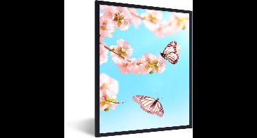 PosterMonkey - Poster - Vlinder - Bloemen - Bloesem takken - Natuur - Roze - Insecten - Fotolijst - Kader - Foto in lijst - 30x40 cm - Poster frame - Poster dieren - Muurdecoratie dieren