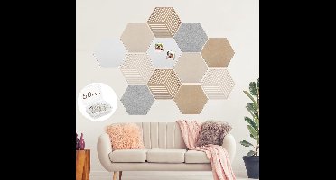 12-delige set vilten prikborden – Zeshoekige, zelfklevende DIY-prikborden (kurklook) met 50 punaises; zeshoekig memobord voor kantoor, thuis, slaapkamer en wanddecoratie