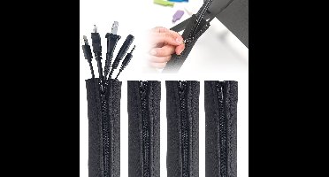 Kabelgoot, Zipper Kabelmof door Wrap-It Storage - 4 Stuks - 11x50cm Zwart - Kabelorganizer en Kabelbeschermer voor Bureau, Computer, TV Kabelbeheer om Draden en Verlengsnoeren te Verbergen en Bedekken