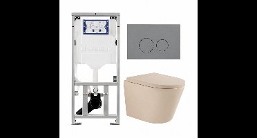 QeramiQ Dely Toiletset - 36.3x51.7cm - diepspoel - rimless - Geberit UP320 inbouwreservoir - softclose toilet zitting 35 mm - bedieningsplaat licht grijs - ronde knoppen - mat beige