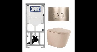 QeramiQ Dely Toiletset - 36.3x51.7cm - diepspoel - rimless - Geberit UP320 inbouwreservoir - softclose toilet zitting 35 mm - geborsteld messing bedieningsplaat - ronde knoppen - mat beige