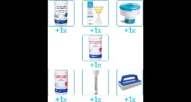 Zwembad Onderhoudspakket - Onderhoud Zwembad - bevat Chloor - Testrips - Chloordrijver - PH-min - PH-plus - Thermometer en Scrubborstel (7-delig)