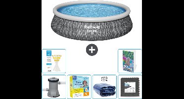 Bestway Rond Opblaasbaar Fast Set Zwembad - Rotanprint - 457 x 84 cm - Inclusief Pomp Onderhoudspakket - Solarzeil - Vloertegels - 7-delig