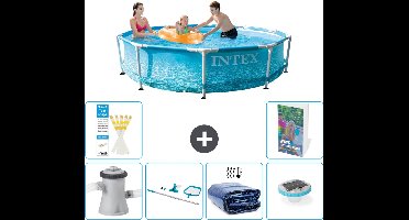 Intex Rond Frame Zwembad - 305 x 76 cm - Waterprint - Inclusief Pomp Schoonmaakset - Solarzeil - Verlichting - 7-delig