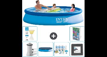Intex Rond Opblaasbaar Easy Set Zwembad - 366 x 76 cm - Blauw - Inclusief Pomp Afdekzeil - Onderhoudspakket - Vloertegels - 7-delig