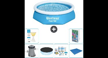 Bestway Rond Opblaasbaar Fast Set Zwembad - 244 x 61 cm - Blauw - Inclusief Pomp Afdekzeil - Onderhoudspakket - Grondzeil - 7-delig