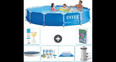 Intex Rond Frame Zwembad - 366 x 76 cm - Blauw - Inclusief Afdekzeil - Onderhoudspakket - Grondzeil - Zwembadfilterpomp - 7-delig