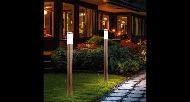 Staande lamp Buitenlamp Tuinlamp Staande lamp Patio IP44, roestvrij staal met houteffect, 1x E27 fitting, DxH 12,7x110 cm