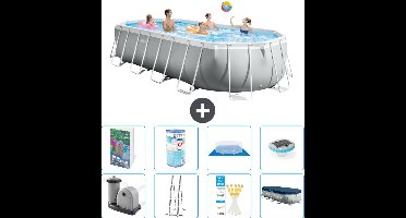 Intex Ovaal Prism Frame Zwembad - 610 x 305 x 122 cm - Grijs - Inclusief Pomp - Ladder - Grondzeil - Afdekzeil - Filter - Verlichting - 9-delig