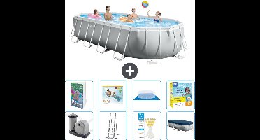 Intex Ovaal Prism Frame Zwembad - 610 x 305 x 122 cm - Grijs - Inclusief Pomp - Ladder - Grondzeil - Afdekzeil - Loungebed - Onderhoudspakket - 9-delig