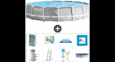 Intex Rond Prism Frame Zwembad - 457 x 107 cm - Grijs - Inclusief Pomp - Ladder - Grondzeil - Afdekzeil - Loungebed - Vloertegels - 9-delig