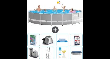 Intex Rond Prism Frame Zwembad - 610 x 132 cm - Grijs - Inclusief Pomp - Ladder - Grondzeil - Afdekzeil - Zoutwatersysteem - Zwembadzout - 9-delig